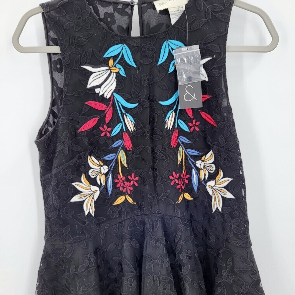 Sachin Babi Floral Embroidered Peplum Top Black Lace Sleeveless Blouse Sz 4 $458